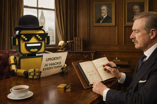 The SiliconSnark robot in a bowler hat reading a panicked telegram at a Victorian bank desk while a British banker calmly schedules a meeting.