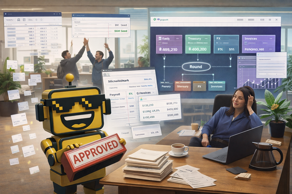 SiliconSnark’s robot reacts as Round automates payroll and treasury in a busy startup finance office.