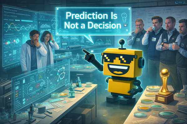 SiliconSnark robot grins inside a futuristic biotech lab as Helical’s virtual AI lab hovers over scientists and investors.