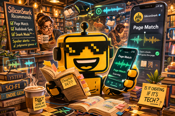 SiliconSnark’s robot stands in a bookstore as Spotify syncs a paperback with an audiobook app.