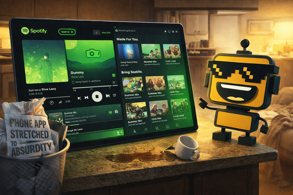 SiliconSnark’s robot reacts as Spotify’s redesigned tablet app finally uses a large screen properly.