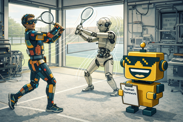 SiliconSnark's robot watches a sensor-covered human demonstrate a tennis swing for a humanoid robot in a robotics lab.