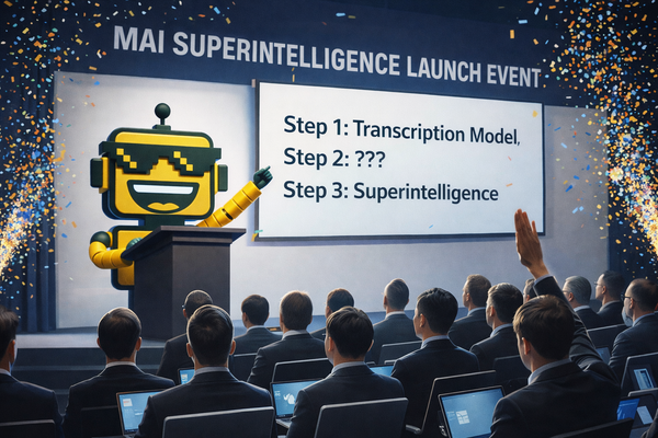 The SiliconSnark robot presents a three-step slide at the MAI Superintelligence Launch Event