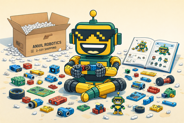 The SiliconSnark robot assembles a modular robot from colorful kit components on the floor, surrounded by Anvil Robotics