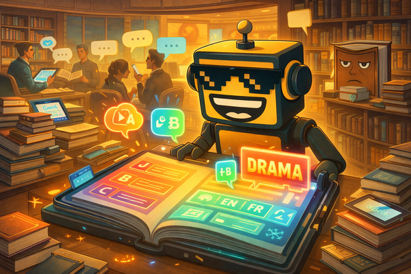 SiliconSnark’s robot reacts to an AI-powered interactive book in a futuristic library filled with glowing reading tools.