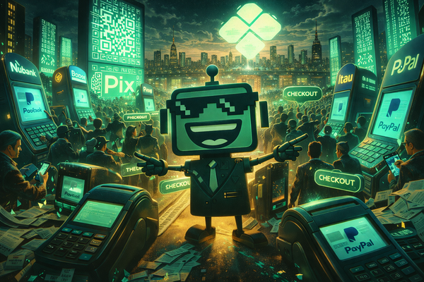 A smug pixel-sunglasses robot presides over a surreal Brazilian fintech bazaar where glowing Pix codes dominate as legacy payment terminals fade into irrelevance.