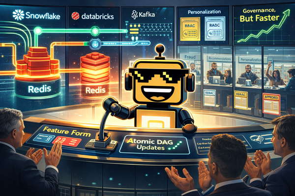 SiliconSnark robot manages a polished ML feature-store control room full of guarded enterprise data pipelines.