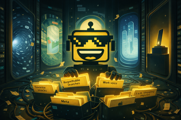 Robot mascot in a surreal data archive sorting glowing memory folders tied to personal AI platforms.