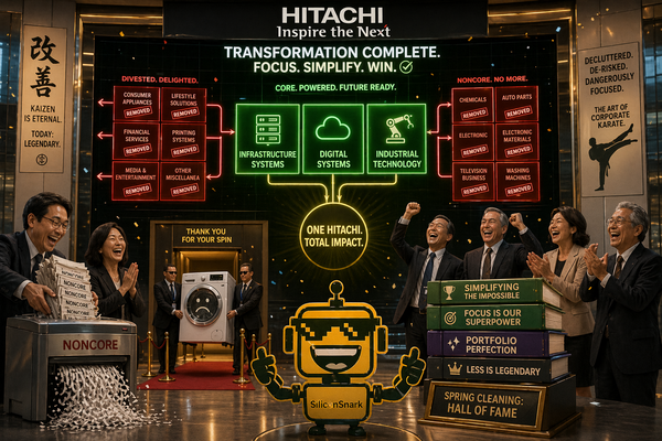 A satirical corporate war room at Hitachi headquarters celebrates a “transformation complete” moment.