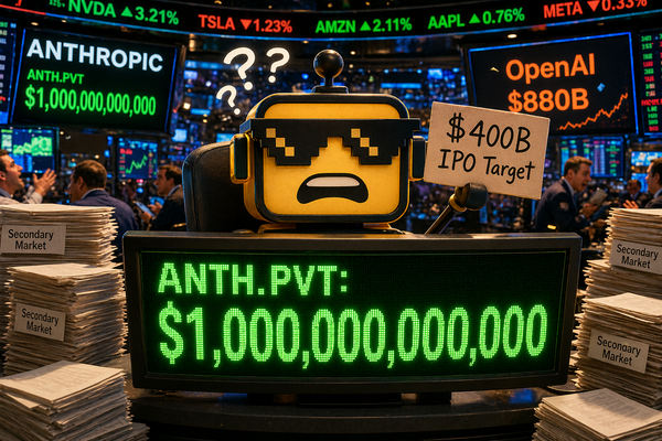 The SiliconSnark robot sits bewildered in front of a trillion-dollar ticker display while holding a much smaller IPO target sign.
