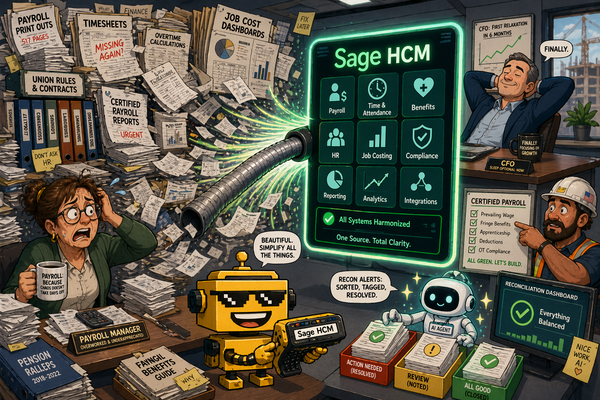 SiliconSnark’s robot watches Sage HCM pull payroll, HR, and finance chaos into one construction-focused dashboard.