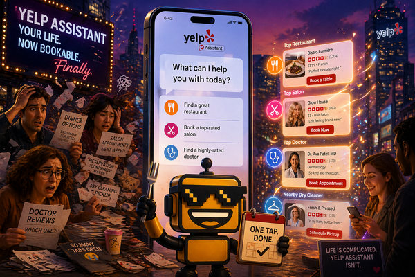 SiliconSnark's robot reacts as Yelp Assistant turns local search into one chat for bookings and recommendations.