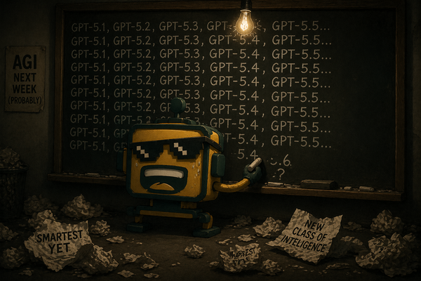 The SiliconSnark robot wearily chalks “5.6?” on a board already covered in GPT version numbers, surrounded by crumpled “SMARTEST YET” papers on the floor.