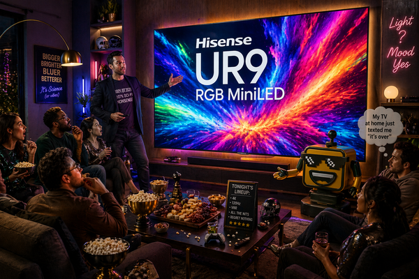 SiliconSnark’s robot side-eyes an enormous Hisense UR9 TV glowing over a crowded watch-party living room.
