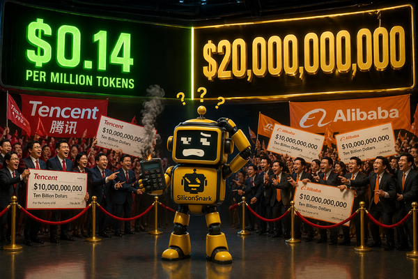 The SiliconSnark robot stands between a "$0.14" price tag and a $20 billion valuation sign