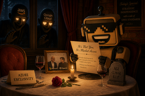 The SiliconSnark robot reads a breakup letter at a candlelit table, with an empty chair labeled "Azure Exclusivity,"
