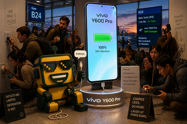 SiliconSnark’s robot lounges at an airport beside vivo’s huge-battery Y600 Pro while other travelers fight over charging outlets.