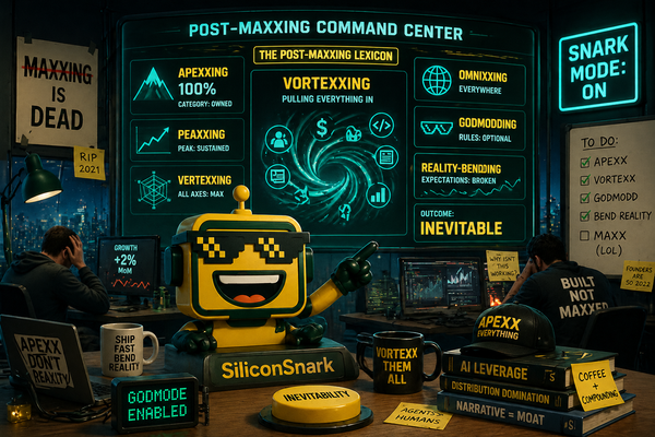 SiliconSnark robot grinning in a futuristic control room labeled “Post-Maxxing Command Center,” surrounded by chaotic startup dashboards showing apexxing, vortexxing, and godmode metrics.