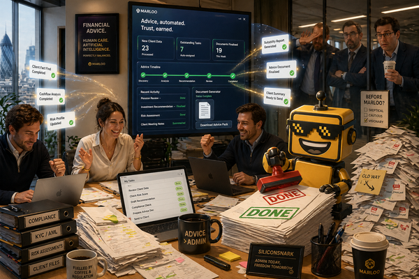 SiliconSnark’s robot celebrates as Marloo turns a financial adviser’s mountain of paperwork into tidy AI-organized documents.