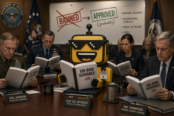 The SiliconSnark robot sits at a government conference table doing a table read with suited officials.