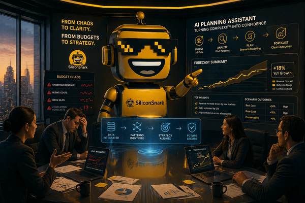 SiliconSnark robot presides over a polished finance war room where an AI planning assistant turns tense budget chaos into clean forecasts.