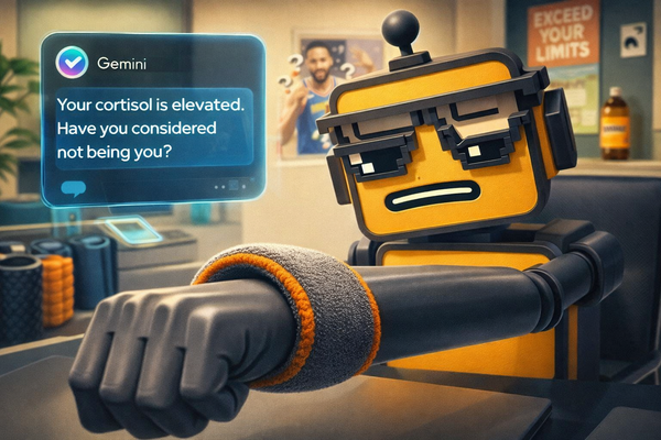 The SiliconSnark robot inspects a screenless gray fitness band on its wrist while a Gemini AI chat bubble delivers unsolicited wellness advice nearby.