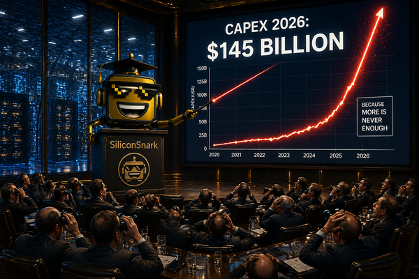 The SiliconSnark robot presents a $145 billion AI capex chart to a bewildered audience of investors in a gleaming corporate boardroom.