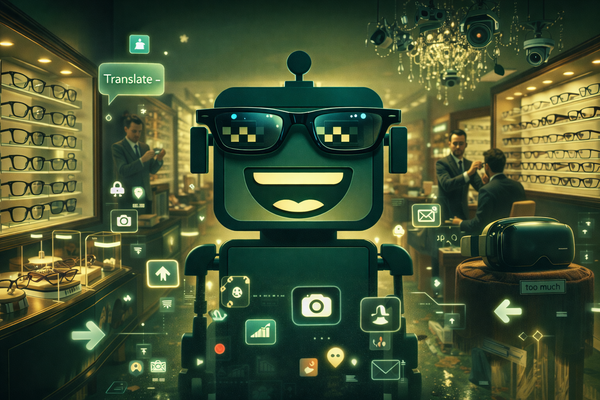 SiliconSnark robot in a futuristic optical shop filled with smart glasses, floating prompts, and subtle surveillance imagery.