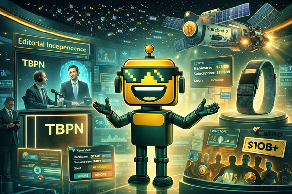 A grinning SiliconSnark robot presents a chaotic futuristic newsroom where AI media deals, space satellites, screenless wearables, and billion-dollar startups collide.