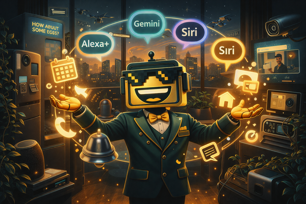 SiliconSnark robot in a smart home control room surrounded by competing AI assistants and connected devices.