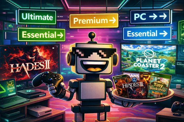 SiliconSnark's robot stands in a living room full of Xbox Game Pass screens and confusing subscription-tier signs.
