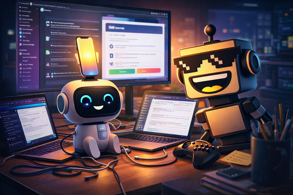 A tiny desk robot charges a phone and manages a cluttered workstation while SiliconSnark’s mascot watches skeptically.