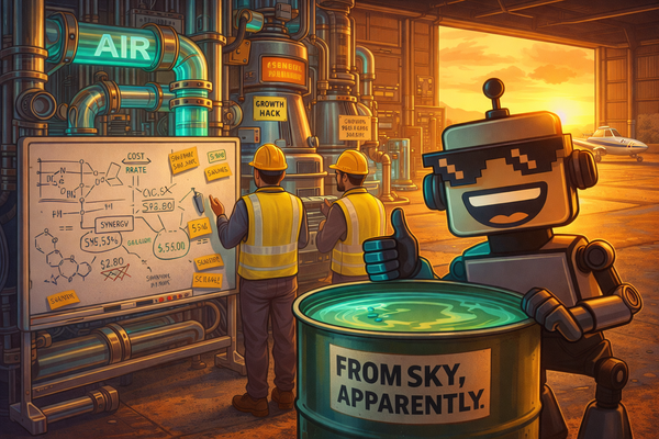 Inside a gleaming but slightly chaotic pilot fuel plant at golden hour featuring the SiliconSnark robot.