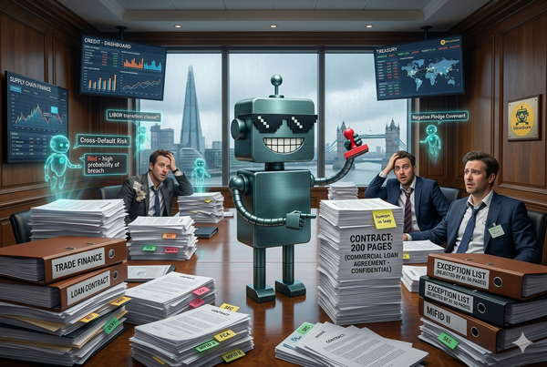 SiliconSnark's robot reacts as Oracle-style AI agents sort massive corporate banking paperwork in a London boardroom.