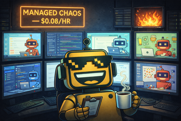 The SiliconSnark robot monitors a wall of screens showing autonomous AI agents at work