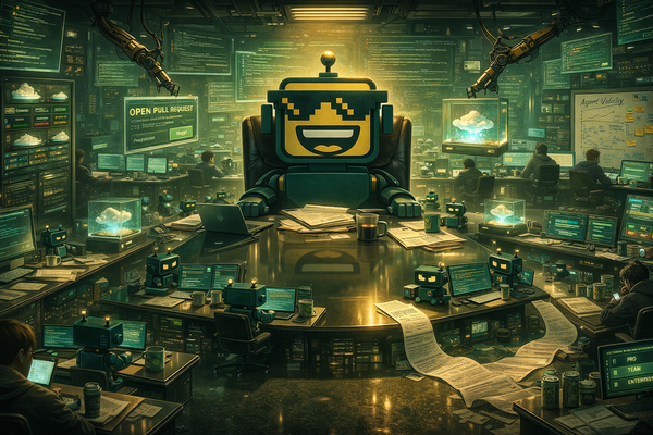 SiliconSnark robot supervising AI coding agents in a futuristic software control room full of code and dashboards.