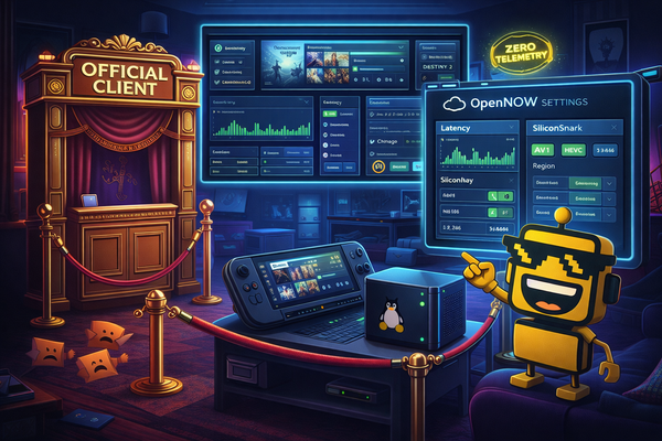 The SiliconSnark robot grins beside OpenNOW cloud-gaming controls while shooing away an overly fancy official client kiosk.