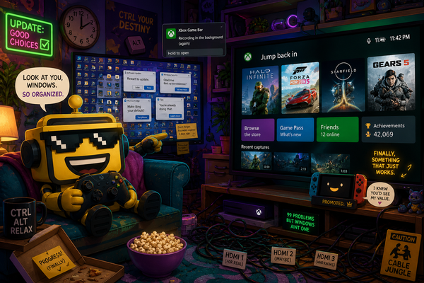 SiliconSnark’s robot relaxes on a couch as a Windows 11 PC displays a new Xbox-style gaming interface on a living room TV.