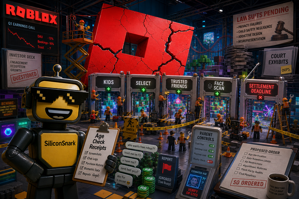 SiliconSnark robot inspects a cracked Roblox safety control room filled with age-check gates, legal documents, Robux tokens, and warning signs.