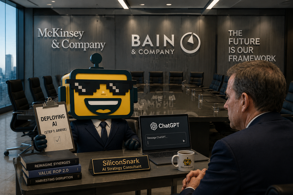 The SiliconSnark robot dressed as an AI consultant presents a clipboard to a baffled executive in a corporate boardroom