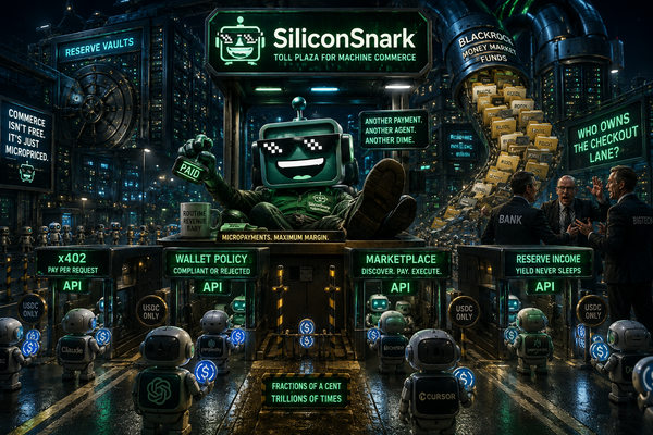 SiliconSnark robot at a surreal AI payment toll plaza where bots use stablecoins to buy APIs.