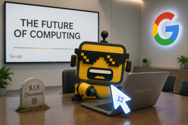The SiliconSnark robot sits at a Googlebook laptop looking confused, with a glowing AI-powered cursor hovering nearby