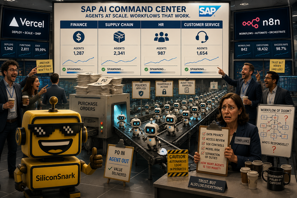 SiliconSnark’s robot reacts to SAP-style enterprise dashboards manufacturing AI agents in a flashy corporate control room.