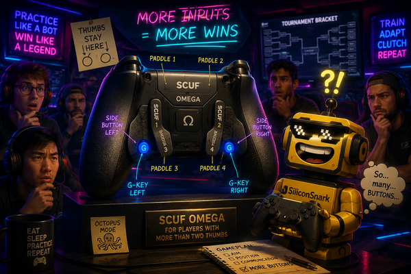 SiliconSnark’s robot reacts to SCUF’s button-heavy Omega controller in a glowing esports setup.