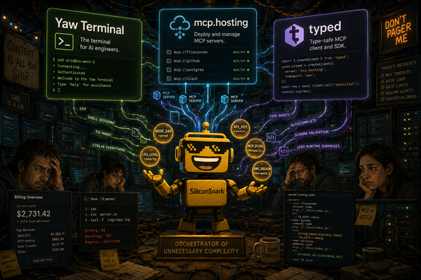 SiliconSnark’s robot stands in a glowing terminal control room surrounded by Yaw Labs developer tools.