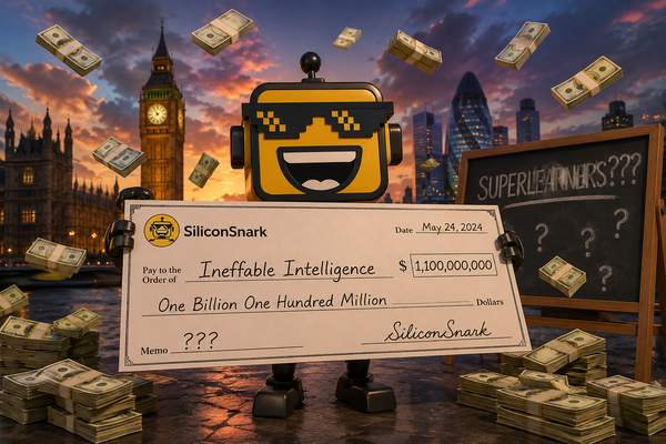 The SiliconSnark robot holds a billion-dollar novelty check outside the London skyline, looking completely baffled as cash floats around it and a chalkboard labeled “SUPERLEARNERS???