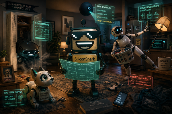 SiliconSnark robot stands in a living room surrounded by rival home robots for cleaning, companionship, and chores.