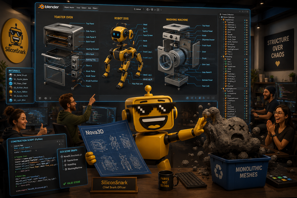 The SiliconSnark robot stands inside a futuristic 3D design studio as giant exploded-view appliances and robots float in a Blender workspace