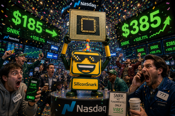 The SiliconSnark robot on the Nasdaq trading floor, holding a giant AI chip aloft as green price tickers and confetti fill the screen behind it.