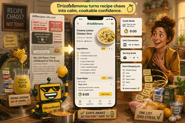 SiliconSnark's robot reviews Drizzlelemons in a kitchen where a cluttered recipe page becomes a clean cooking view.